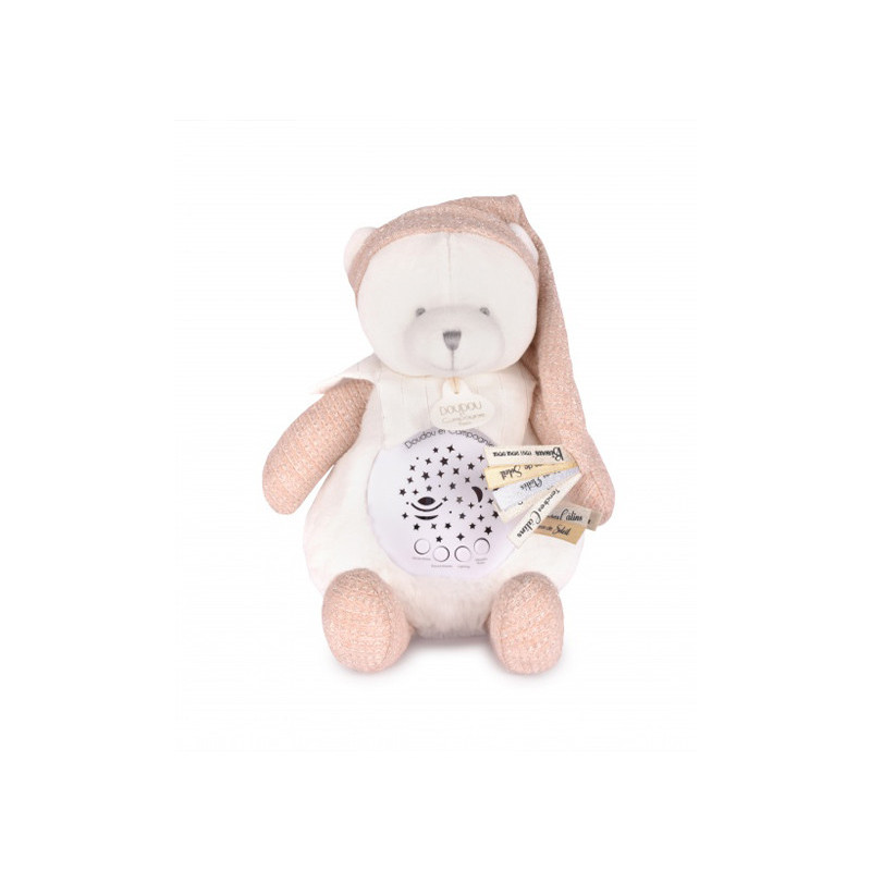 Un compagnon rose tout doux pour des moments pleins de tendresse. Musique et étoiles pour faire rêver les tout-petits.
