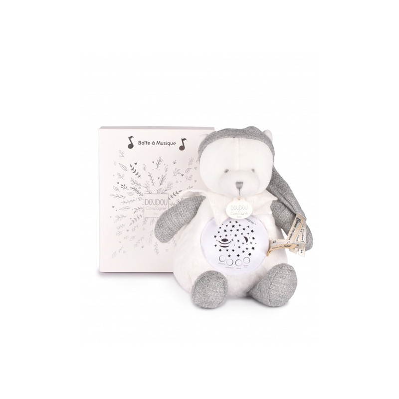 Le cadeau parfait : une ours gris pour un anniversaire tout en douceur. Musique, couleurs et étoiles pour émerveiller bébé.